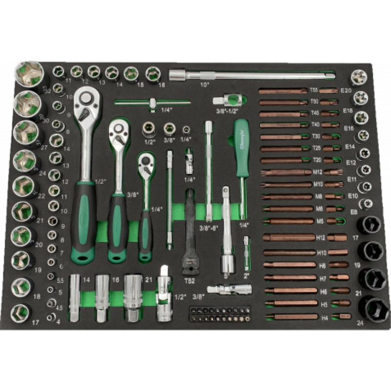 Changlu  1/4" + 3/8" + 1/2" Dr. Uzgriežņu atslēgu komplekts 122gab. Paplāte